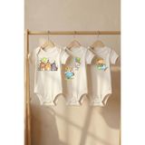 Organik%100 Pamuklu 3'lü Set Neşeli Safari Baskılı Kısa Kollu Çıtçıtlı Bebek Body Badi Zıbın