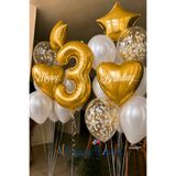 Organizasyon Pazarı Gold Rakam 3 Yaş Balon Seti Gold Kalp Yıldız Konfeti | Happy Birthday Baskılı Doğum Günü Özel Gün Süsleme