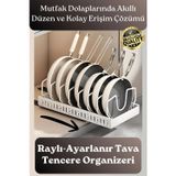 #Organizer Çok Amaçlı Ayarlanabilir Mutfak Metal Beyaz Renk Teleskopik Raylı Tava Tencere Organizeri