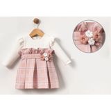 Örgü Çiçek Aksesuarlı Bebe Kız Elbise - Pudra