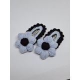 Örgü Çiçekli Saç Tokası, Mavi-Siyah, 2'li Set, El Yapımı