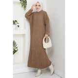 Örgü Desen Triko Elbise Vizon HM2526 - Standart