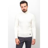 Örgü Desenli Ekru Rengi Slim Fit Tam Balıkçı Yaka Yün Erkek Kazak