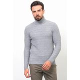 Örgü Desenli Gri Renk Slim Fit Tam Balıkçı Yaka Yün Erkek Kazak - Açık Gri