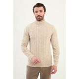 Örgü Desenli Slim Fit Yarım Balıkçı Yaka Yün Erkek Triko Kazak - Bej