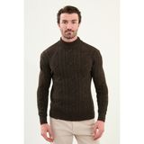 Örgü Desenli Slim Fit Yarım Balıkçı Yaka Yün Erkek Triko Kazak - Kahverengi