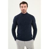 Örgü Desenli Slim Fit Yarım Balıkçı Yaka Yün Erkek Triko Kazak - Lacivert