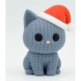 Örgü Dokulu Noel Şapkalı Gri Kedi - 3D Yazıcı Özel Tasarım Biblo