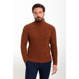 Örgülü Kahverengi Slim Fit Tam Balıkçı Yaka Yün Erkek Kazak