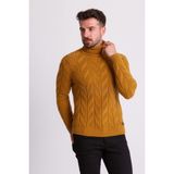 Örgülü Tütün Rengi Slim Fit Erkek Tam Balıkçı Yaka Yün Kazak - 2XL