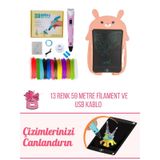 Orh Market 3d Kalem 3d Pen Usb Kablolu Üç Boyutlu Yazıcı Kalem Printer Ve Pembe Tavşan Grafik Tablet Set - Pembe