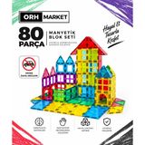 ORH MARKET 80 Parça 7.5 cm Büyük Boy Manyetik Blok Seti | Güçlü Mıknatıslı Zeka Geliştirici Eğitici Oyuncak