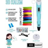 ORH MARKET Mavi 3D Kalem 3D Pen Yazıcı Kalem – Çok Renkli Pla Filament (Toplam 59M) + USB Kablo