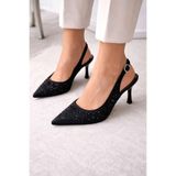 oria siyah saten taşlı arkası açık topuklu abiye stiletto 7.5 cm 0906