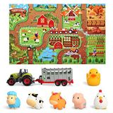 Oriate Çiftlik Hayvanları Taşıyıcı Traktör Taşıyıcı w/47 x 31.5 inç Mat, Barnyard Hayvan Happy Farm Çocuk Oyun Matı 3 4 5 6 Yaş Erkek ve Kız Çocuklar için, 6 Paket Banyo Squirter Yeni Yürümeye