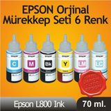 Orijinal (6 Adet Mürekkep Seti) Epson L800 L810 L850 L1800 İçin 6 Renkli Tüm Epson Yazıcılar İçin 70 Ml.