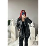 Orions Collection Elvera Oversize Uzun Kadın Siyah Deri Ceket - M