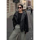 Orions Collection Elvera Oversize Uzun Kadın Siyah Deri Ceket