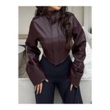 Orions Collection Kadın Crop Deri Ceket Dik Yaka Biker Motorcu Model Şık Kısa Mont
