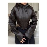 Orions Collection Kadın Crop Deri Ceket Dik Yaka Biker Motorcu Model Şık Kısa Mont