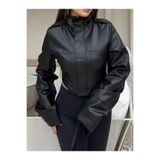 Orions Collection Kadın Crop Deri Ceket Dik Yaka Biker Motorcu Model Şık Kısa Mont