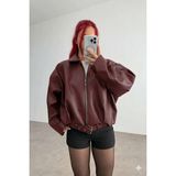 Orions Collection Kadın Oversize Bomber Kemerli Deri Ceket Bordo Suni Deri Modern Tasarım