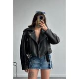 Orions Collection Yeni Sezon Oversize Kadın Siyah Biker Deri Ceket - M