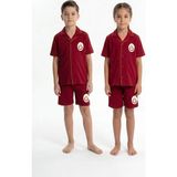 Orjinal Galatasaray Lisanslı Çocuk Kısa Kollu Şortlu Pijama Takımı Pamuklu Düğmeli Gömlek Yaka Unisexs - Kırmızı - 4 - 5 Yaş