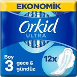 Orkid Ultra Gece & Gündüz 12 Adet Hijyenik Ped Boy 3 Gün Boyu Konfor ve Sızıntı Önleyici Teknoloji
