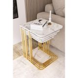 Orkide Tekerlekli 4 Lü Zigon Sehpa Gold- Beyaz Mermer Mdf Ekru