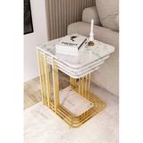 Orkide Tekerlekli 4 Lü Zigon Sehpa Gold- Beyaz Mermer Mdf