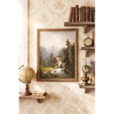Orman İçinde Su Değirmeni - Vintage Desenli Çerçeve - İnce Model, Altın2, 15 x 21