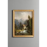 Orman İçinde Su Değirmeni - Vintage Desenli Çerçeve - İnce Model, Altın3, 15 x 21
