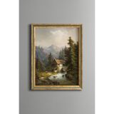 Orman İçinde Su Değirmeni - Vintage Desenli Çerçeve - İnce Model, Altın4, 30 x 40