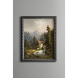 Orman İçinde Su Değirmeni - Vintage Desenli Çerçeve - İnce Model, Gümüş, 15 x 21