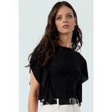Örme Crop Bluz Bisiklet Yaka Fırfırlı Kollar Rahat Kalıp Ve Şık Konforlu Kesim_Siyah-S