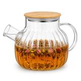 Orret Home Bambu Kapaklı Kendinden Süzgeçli Borosilikat Cam Demlik – 1000 ml Isıya Dayanıklı Termisil Cam Çay, Kahve ve Bitki Çayı Demliği, Cam Çaydanlık (Desenli)