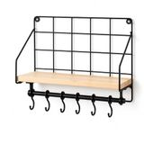Orret Home Duvara Asılabilir Yapışkanlı Raf ve 6 Kancalı Organizer, Ahşap Raflı Metal Mutfak Düzenleyici, Delmeden Monte Edilebilir Askılı Duvar Rafı, Baharatlık, Havluluk, Bardaklık