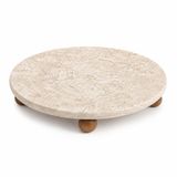 Orret Home Traverten Sunumluk Ahşap Ayaklı Doğal Taş Sunum Tepsisi Yuvarlak Mermer Sunumluk Dekoratif Tepsi Kahvaltılık Meyvelik Pasta Servis Tabağı (25 Cm)