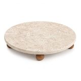 Orret Home Traverten Sunumluk Ahşap Ayaklı Doğal Taş Sunum Tepsisi Yuvarlak Mermer Sunumluk Dekoratif Tepsi Kahvaltılık Meyvelik Pasta Servis Tabağı (28 Cm)