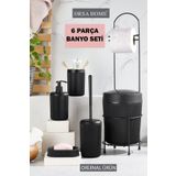 ORSA HOME 6 Parça Siyah Banyo Seti Metal Stantlı Wc Kağıtlık,kova Fırça, Katı-sıvı Sabunluk, Diş Fırçalık