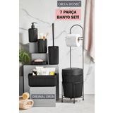 ORSA HOME 7 Parça Siyah Banyo Seti Metal Stantlı Kovalı Wc Kağıtlık Kozmetik Kutusu Diş Fırçalık Ve Sabunlukla