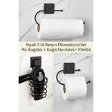 ORSA HOME 903+904+915 Siyah Kare Yapışkanlı 3 lü Set Wc Kağıtlık + Kağıt Havluluk + Saç Kurutma Makine Askısı