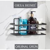 Orsa Home 992 Tekli Lamalı Yapışkanlı Siyah Dikdörtgen Banyo Rafı