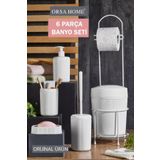 ORSA HOME Beyaz 6 Parça Banyo Seti Metal Stantlı Çöp Kovalı Wc Kağıtlık Ve Tuvalet Fırçası Katı - Sıvı Sabunlu