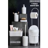 ORSA HOME Beyaz 7 Parça Banyo Seti Metal Stantlı Kovalı Wc Kağıtlık Kozmetik Kutusu Diş Fırçalık 247