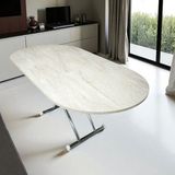 Ortadan Açılır Oval Akıllı Masa Mdf Tabla Traverten Alt Ayak Metal - TRAVERTEN-KROM