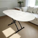 Ortadan Açılır Oval Akıllı Masa Mdf Tabla Traverten Alt Ayak Metal - TRAVERTEN-SİYAH