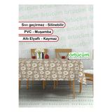 Örtücüm Pvc Muşamba Mutfak Masa Örtüsü Papatya Desenli Elyaflı Silinebilir Leke Tutmaz Sıvı Geçirmez Kahve
