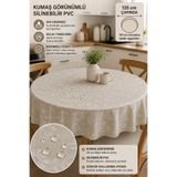 Örtücüm Silinebilir PVC Yuvarlak Masa Örtüsü 135 cm Sıvı Geçirmez Bej Çiçek Desenli – 110 cm Masalara Uygun Kumaş Görünümlü